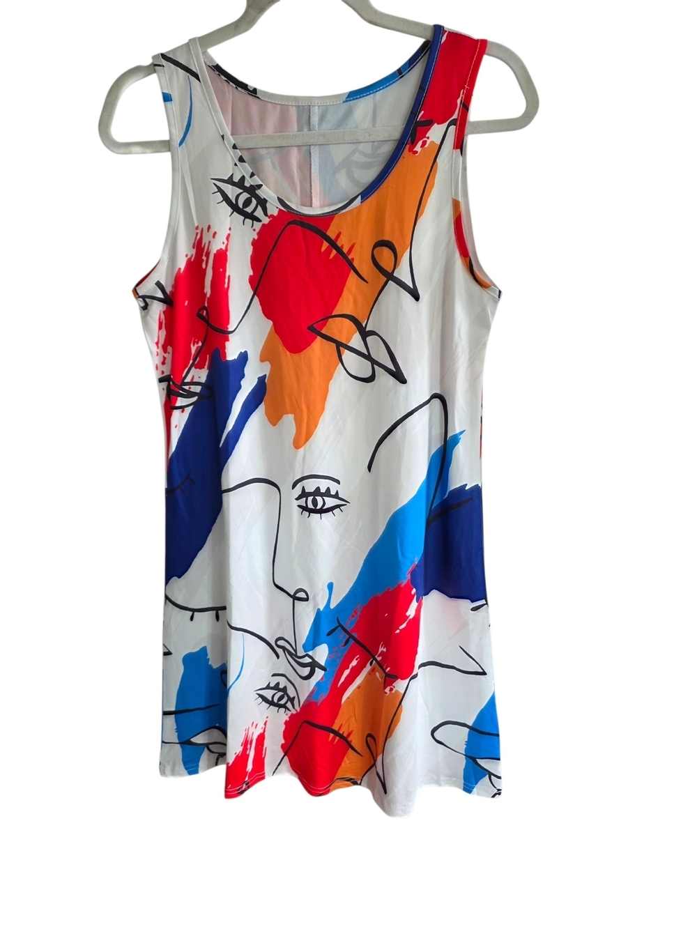 Abstract Face Print Midi Dress in White with Red, Blue & Orange